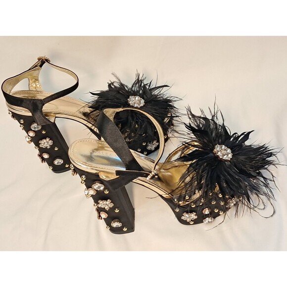 NEW AZALEA WANG Feather & Crystal Ankle Strap Rivet Platform Sandals Size 7.5 - Picture 7 of 12